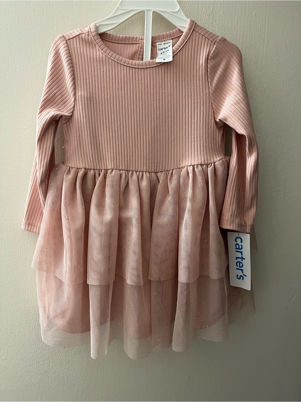 Carter's Blush Pink Ribbed Long-Sleeve Tulle Dress
